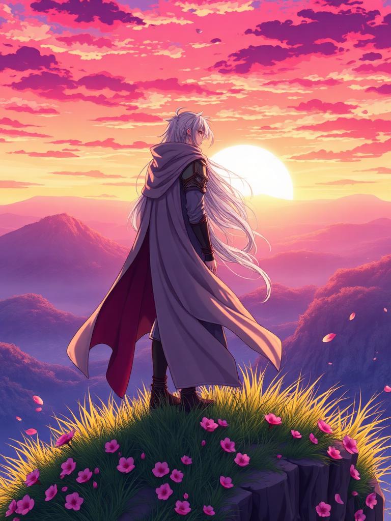 Anime style AI video frame — silver-haired warrior on a cliff at sunset