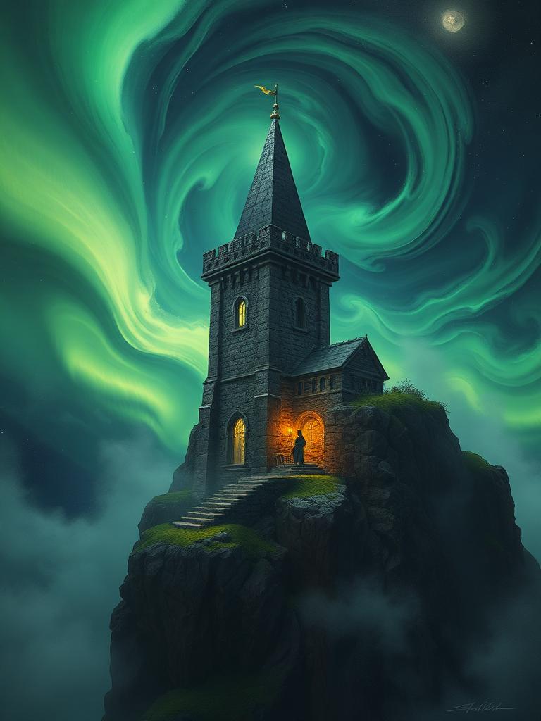Fantasy style AI video frame — wizard tower under a green aurora